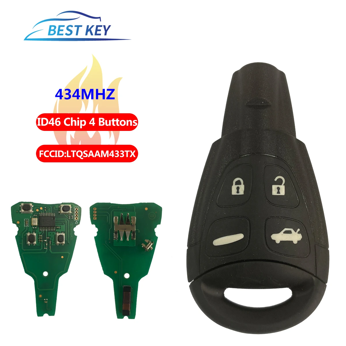 Llave remota inteligente para coche, mando a distancia de repuesto para SAAB 93, 95, 9-3, 9-5, WF, LTQSAAM433TX, 434Mhz, ID46, 4 botones