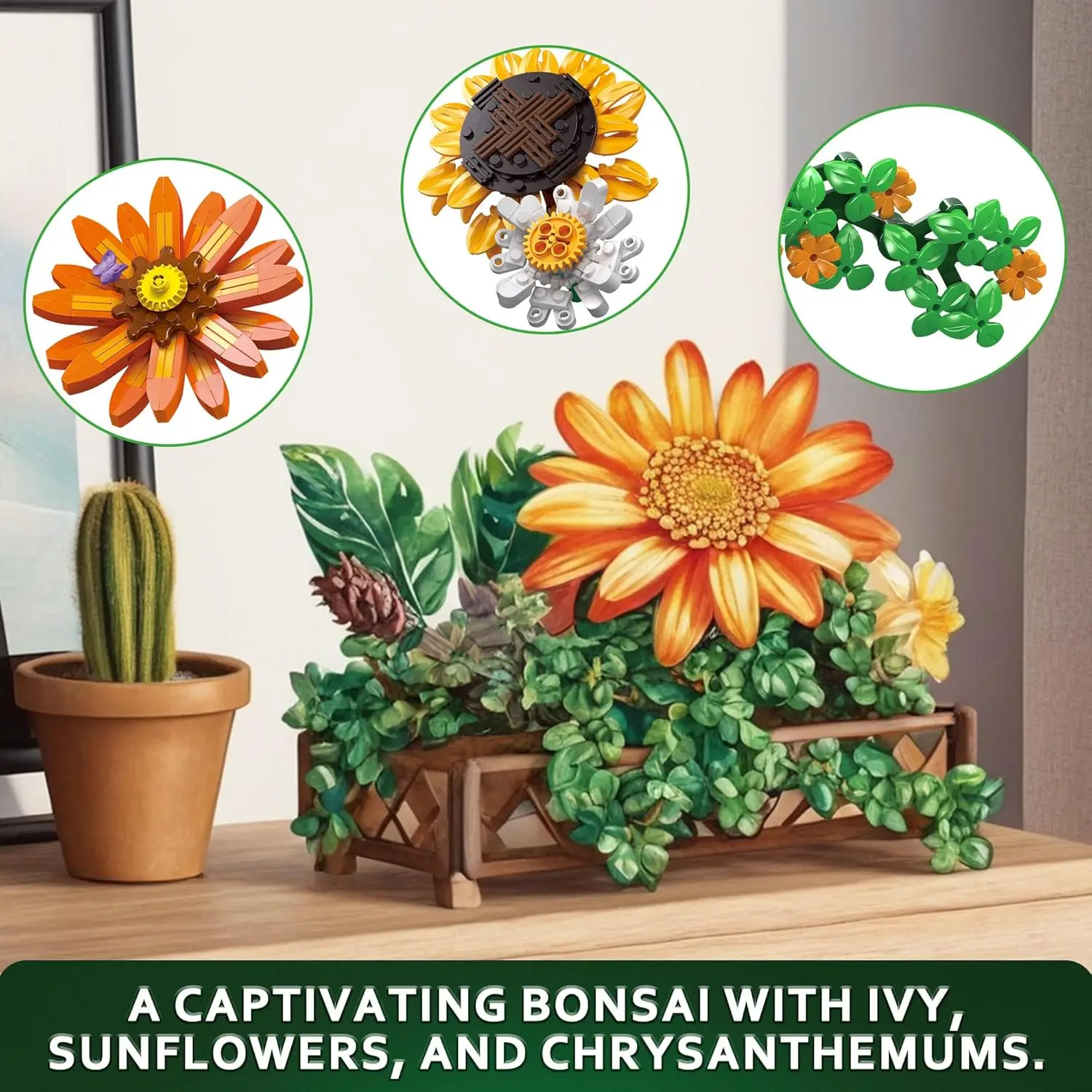 Sunflower Artificial Flowers Building Sets, Flower Bouquet for Adults, Creepers Bonsai Tree Home Decor, Valentines Gifts