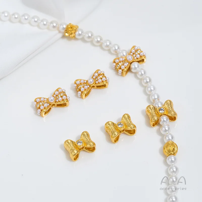 Vietnamese Sand Gold Hammer-pattern Bow Beaded With Pearl Bow Tie DIY Handmade Beaded Accessories Jewelry Material