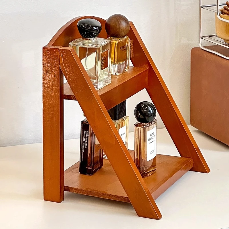 Retro Wooden Shelves Desktop Storage Rack Water Cup Perfume Dressroom Tabletop Cosmetics Storage Jewelry Display Frame Organizer