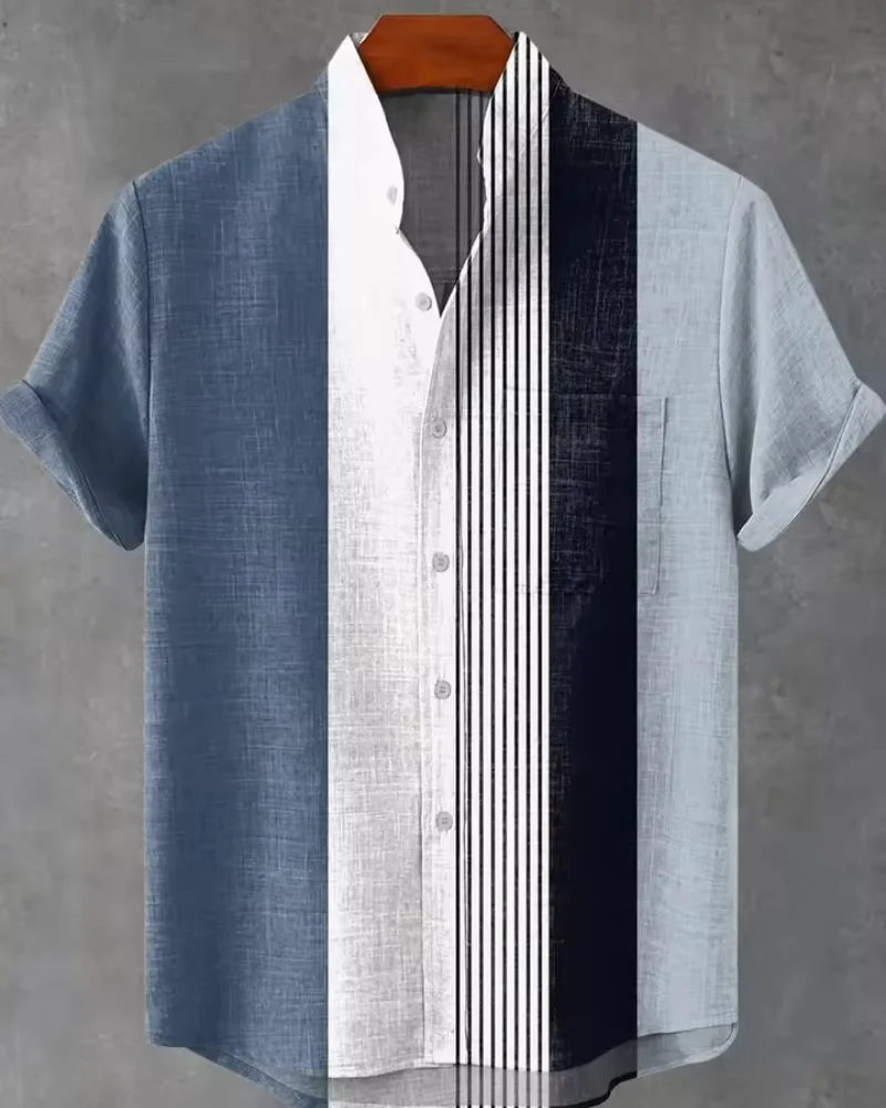 

Новая мужская полосатая льняная рубашка с короткими рукавами изготовлена из летней мягкой и удобной ткани.