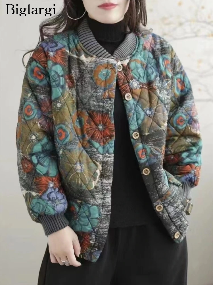 Padded Cotton Coat Flower Floral Print Fashion Ladies Jackets Oversized Autumn Winter Women Loose Long Sleeve Woman Coats