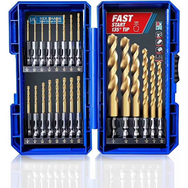 

22 Pieces Hex Shank Drill Bit Set for Impact Driver, HSS Twist Titanium Drill Bits for Metal, Hex Drive Quick Change Drill Bits