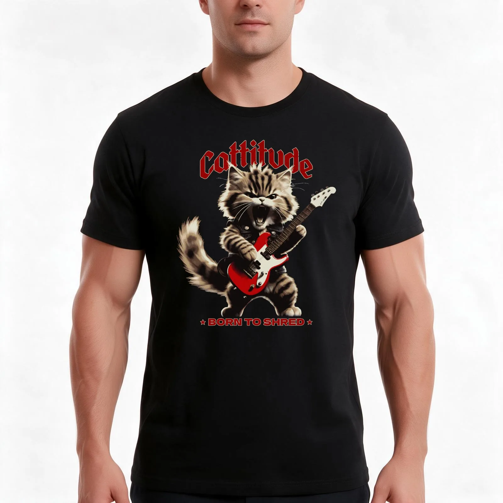 Cattitude - Born To Shred - Rock And Roll Cat T-Shirt Summer Casual Cotton Tee Oversized Streetwear Tops Unisex Men Women