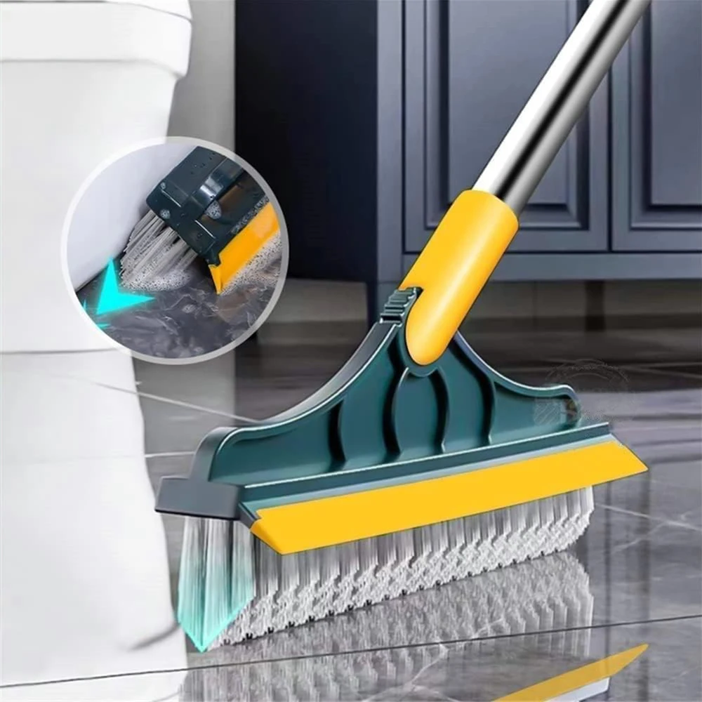 2 in 1 Floor Scrub Brush with Long Handle Brush Scrape V-Shape Stiff Bristle Rotating Cleaning Brush with Squeegee Tile Tools