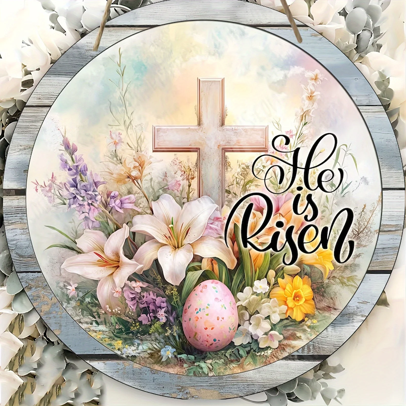 2D Flat, He Is Risen Easter Sign - 2D Printed Artificial Wood Wall Art with Cross & Floral Design, Multifunctional Spring Home D