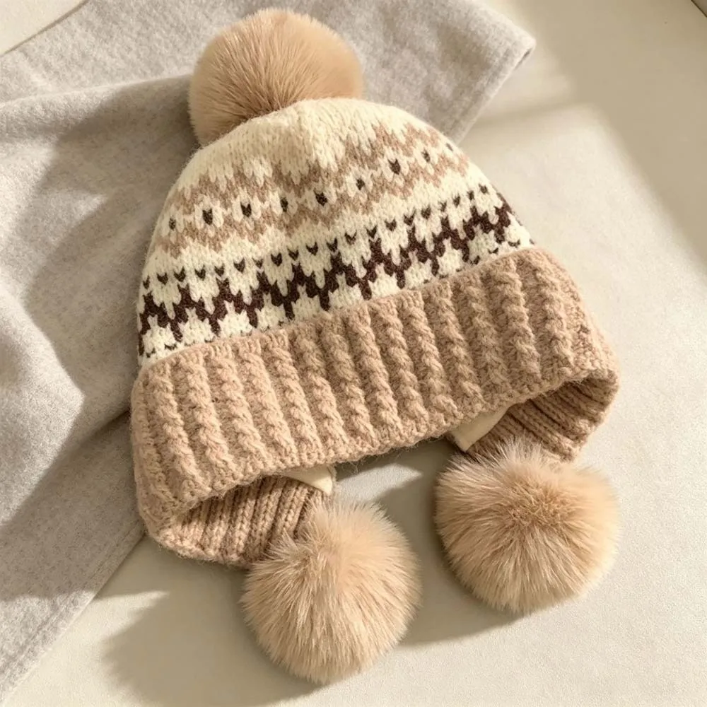 Cute Style Knit Beanie Hat Fleece Lined Thickened Yarn Three Pom Poms Cap Windproof Guard Ribbed Cuff Winter Earflap Cap