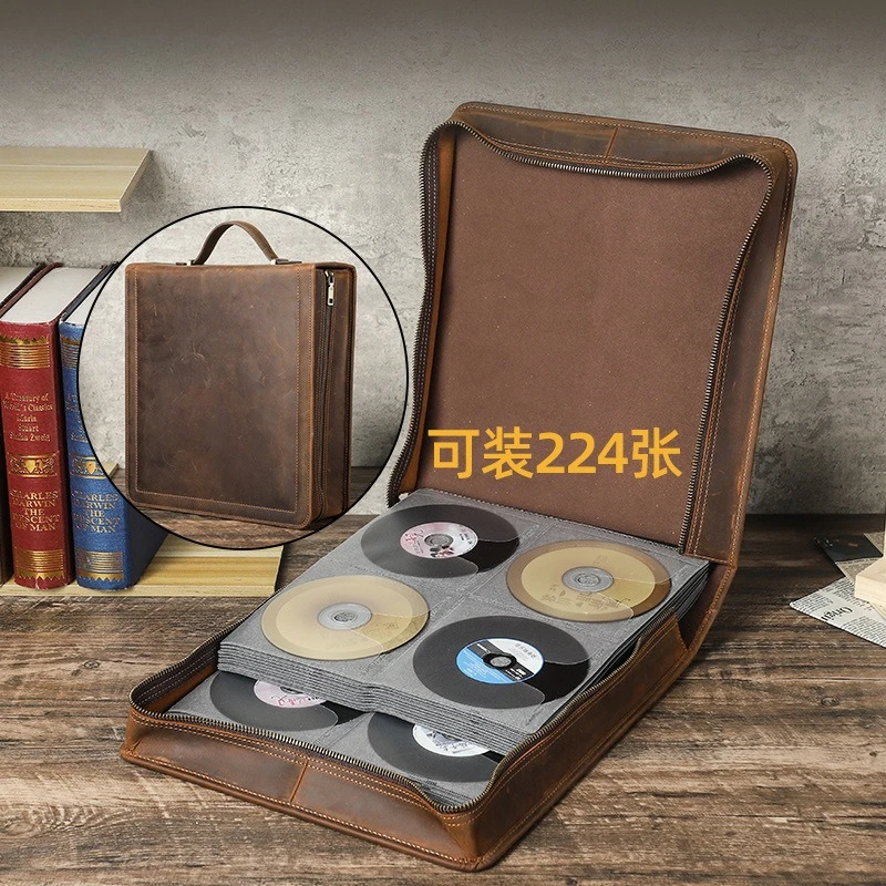 

Retro Crazy Horse Leather Portable CD Disc Storage Box Can Hold 224 Disc Bags Genuine Leather Car Disc Bags