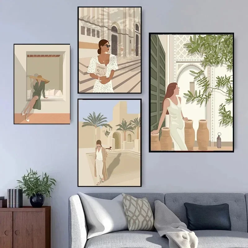 Nordic Wall Art Abstract Fashion Women And Leaf Prints Posters Gift for Girls Canvas Prints Pictures Room Decor Figure Painti