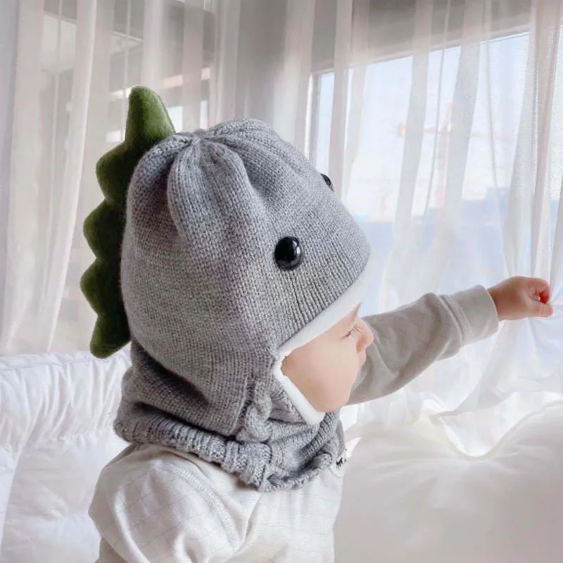 Doitbest Winter knit Baby Knitted Hat scarf one-piece Hats Kids Girl Boy Beanies Caps Warm dinosaur Earflap Hats for Children