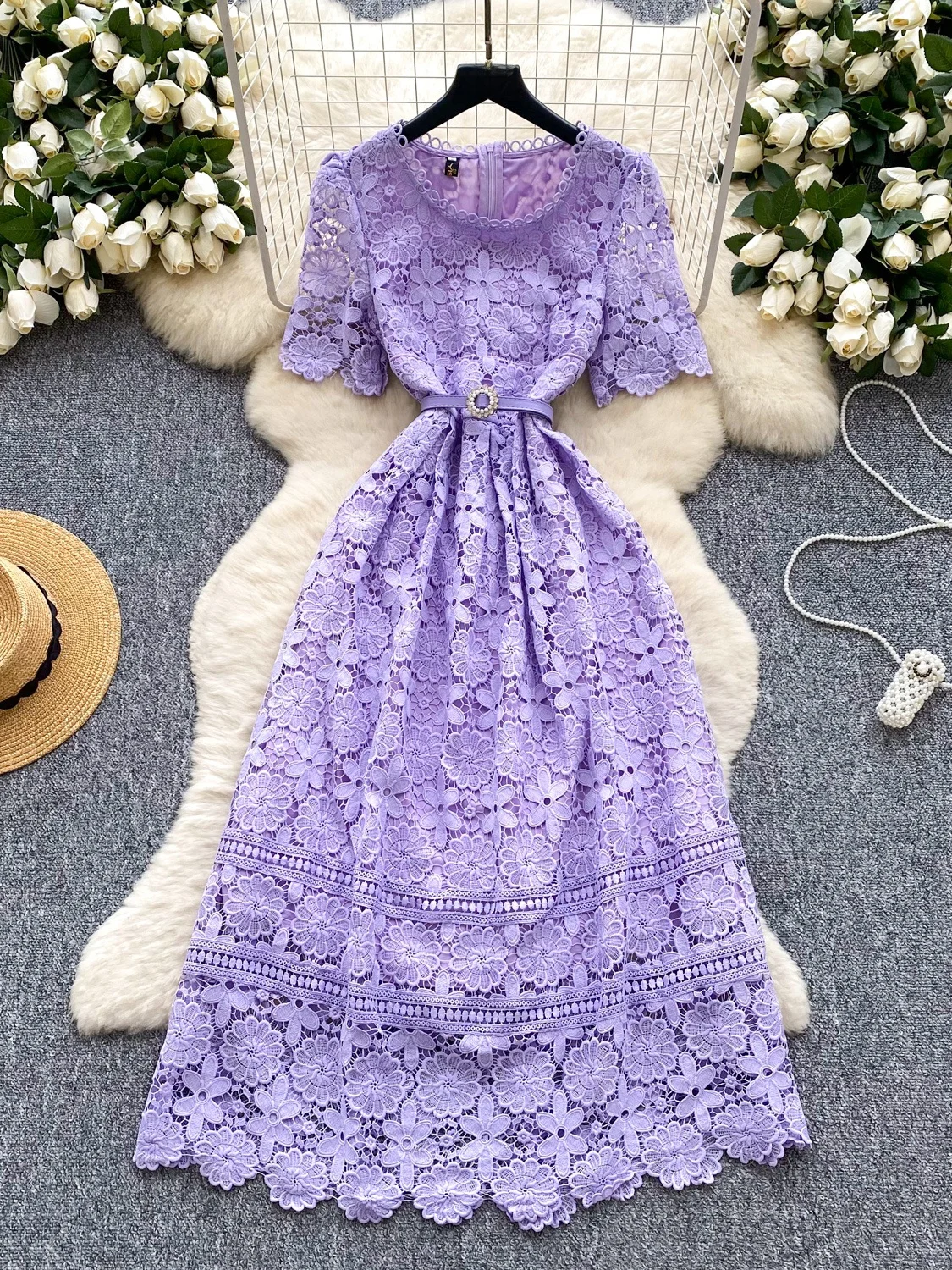 Ele dentelle évider crochet fleur femmes Dr été minceur taille haute a-ligne jupe Midi coréen Sle trajet Dr