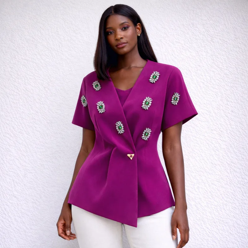 Fashion Diamond Studded Irregular Top Women's V Neck Shorts Sleeve Single Button Shirt 2026 Spring New 17SOXU9