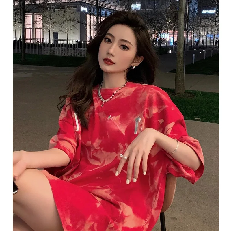 red-round-neck-short-sleeve-t-shirt-women's-2025-summer-new-design-dyed-letter-trendy-top-fashionable-casual-wear