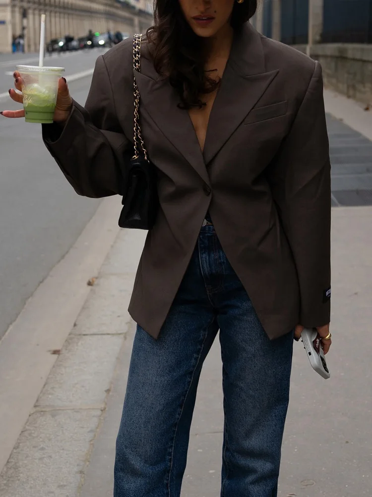 PB & ZAผู้หญิง2024ฤดูใบไม้ร่วง/ฤดูหนาวใหม่เสื้อสูทกว้างไหล่เอวMeladสีทึบCommuter Top