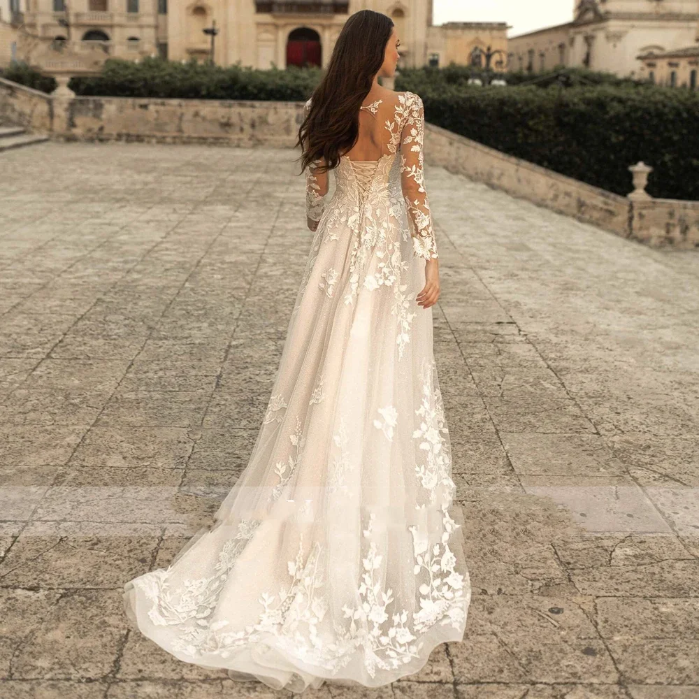 Flavinke 맞춤형 A 라인 웨딩 드레스 연인 긴 소매 Vestido De Novia 레이스 아플리케 빈티지 Made Robe De Mariee