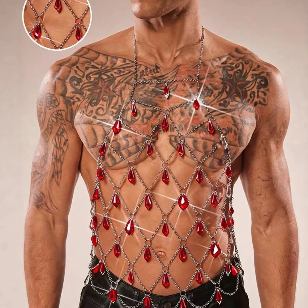 Men Sexy Gemstone Pendant Vest Tank Tops Tassel Grid Body Chain Nightclub Party Rave Festival Harness Jewelry Clubwear Outfits