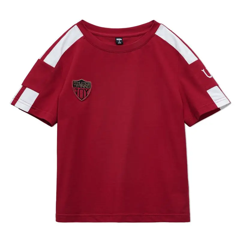 Maden Vintageสีบล็อกกีฬาแขนสั้นเสื้อยืดผู้หญิงฤดูร้อนสีแดงSlim FitลูกเรือคอTeeปักStreetเสื้อลําลอง