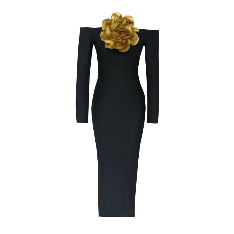 Women Flower Appliques Bandage Dress Off The Shouder Full Sleeve New Arrvial Fashion Nightclub Vintage Festive Vestidos MidDress