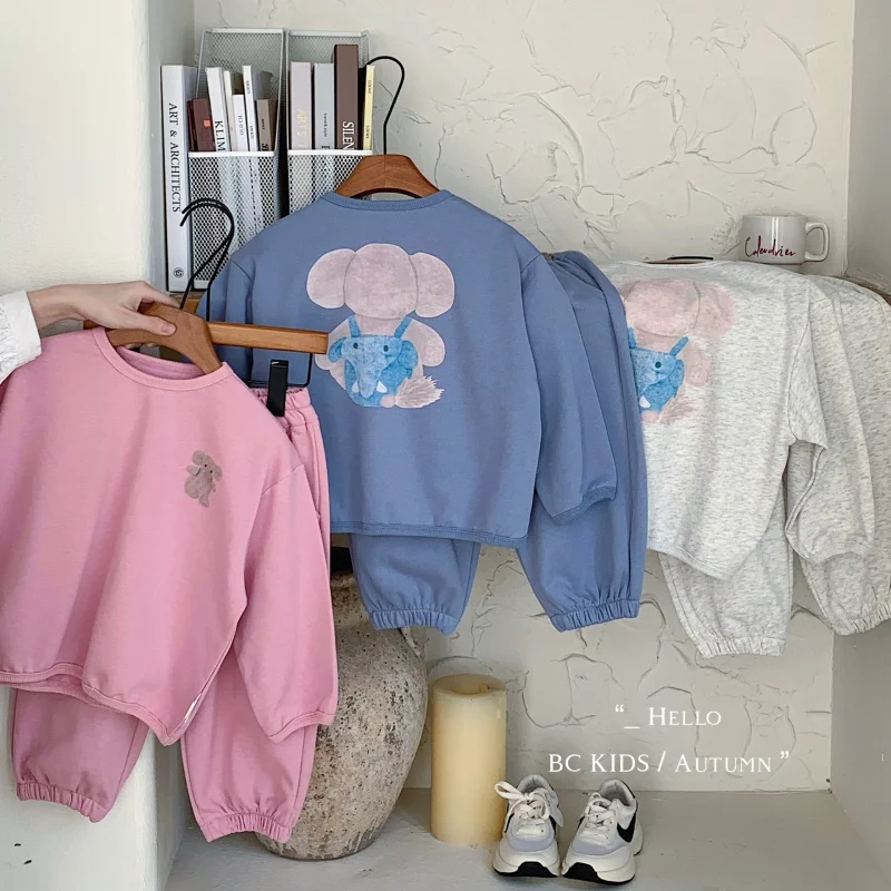 Children's Sweater2024Autumn New Cute Elephant round Neck Loose Sweatshirt+Two-Piece TrousersG0378