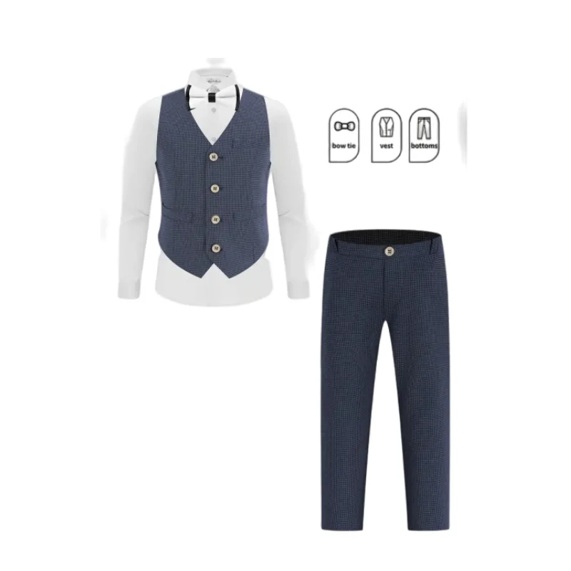Kids Tartan Waistcoat Suit Boys Summer Vest Pants Bowtie 3Pieces Suit Set For Wedding Banquet Party Host Performance