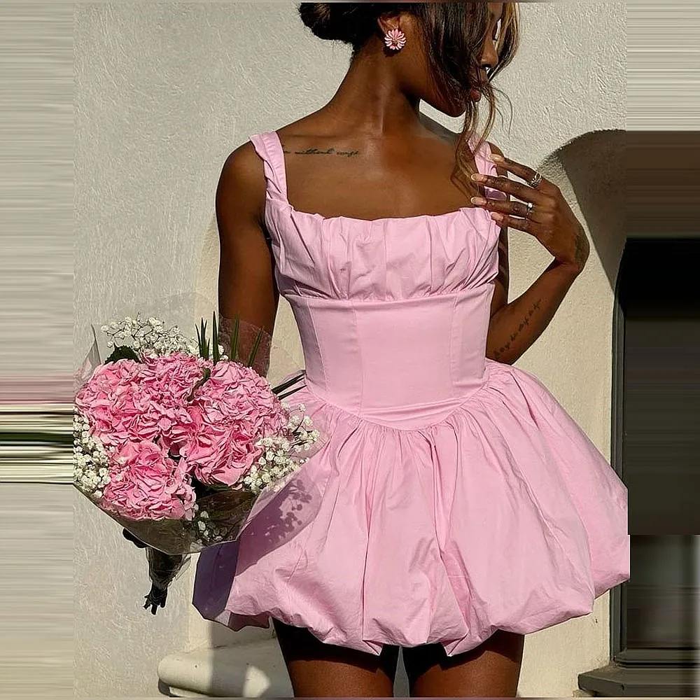 

Baby Pink Short Cocktail Dress With Straps Square Neckline Pleats A Line Birthday Dress Black Girls Holiday Summer Party Gowns