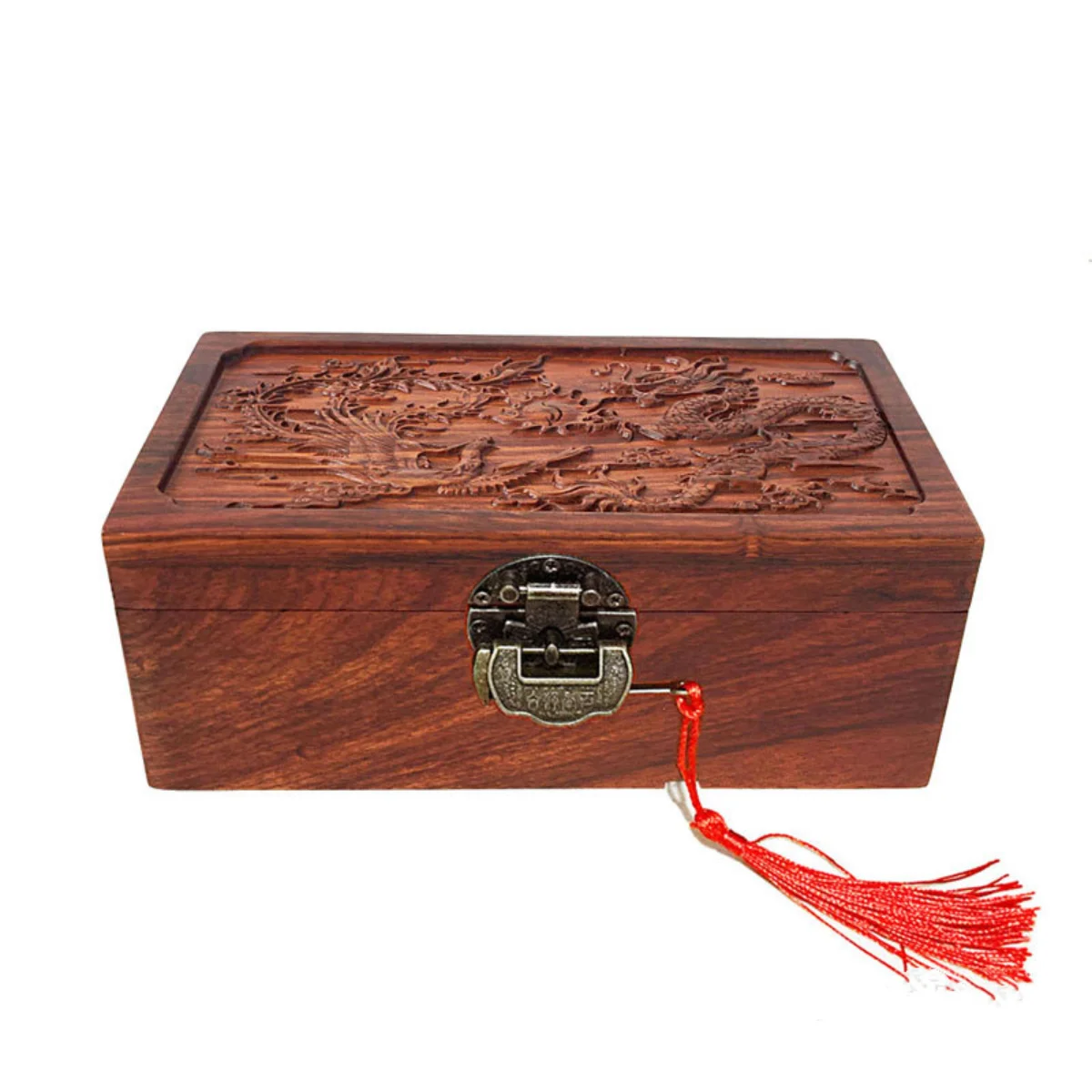 Extra Large 19.5cm Wooden Dragon and Phoenix Jewellery Box Mahogany Pearwood Jewellery Storage Carved Embossed Necklace Box