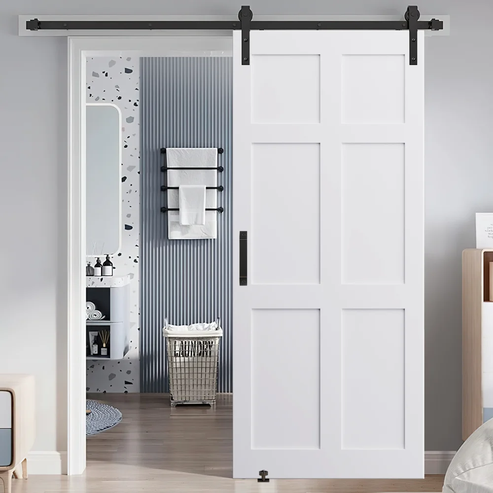 Trilha de porta deslizante com painel ferrado, porta de celeiro, trilho suspenso, corrediça, hardware, acessórios ferroviários, conjunto completo, 28x80 pol, 6,6 pés