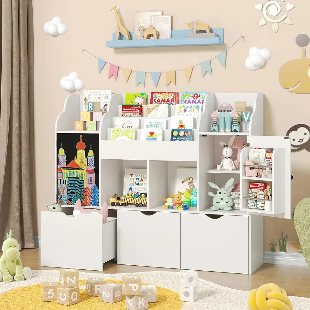 

47.3 Kids' Bookshelf with Chalkboard, 4-Tier Storage, Playroom Organizer, White