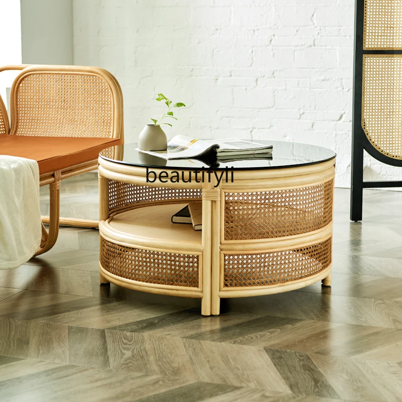 Rattan Tea Table Nordic Home Living Room Small round Side Table Indonesia Real Rattan Small Apartment Coffee Table Combination