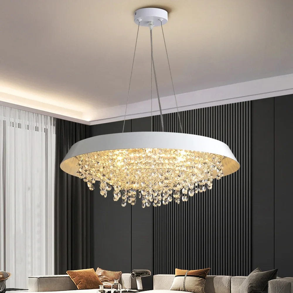 

LED Crystal Chandeliers Round Hanging Pendant Lights Living Kitchen Island Cristal Suspension Lighting Fixture White