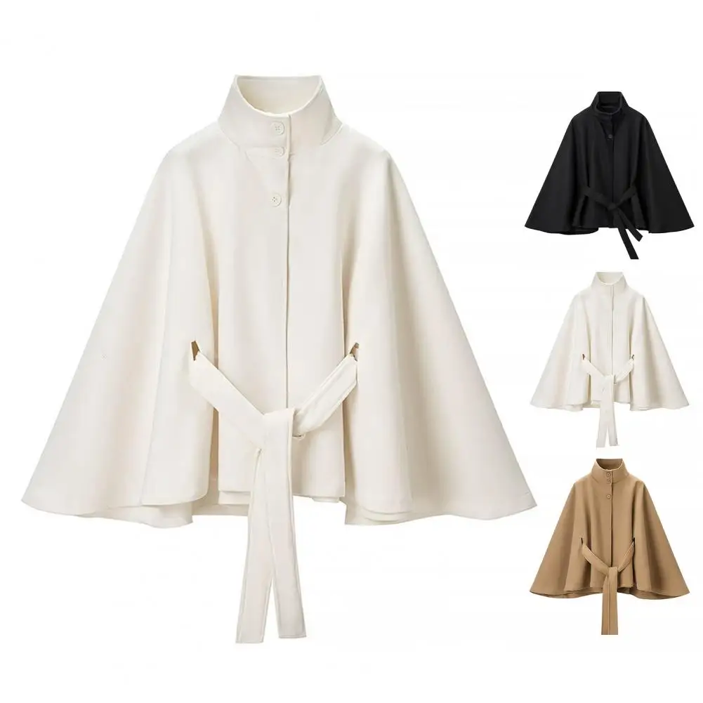 Women Single Buckle Batwing Sleeve Coat Autumn Winter Elegant Lady Tweed Waist Cinching Poncho Trend Thick Warm Loose Outwear
