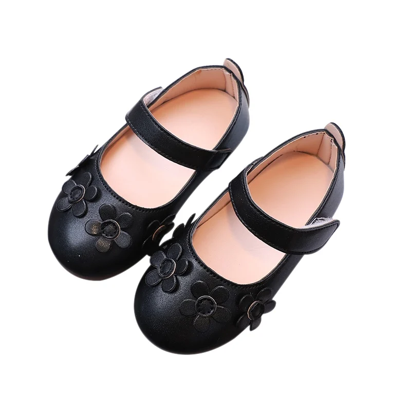 3-6 Years Kids Girls Leather Shoes Soft Bottom Non-Slip Solid Flower Decoration Nylon Clasp Spring Summer Children Casual Flats