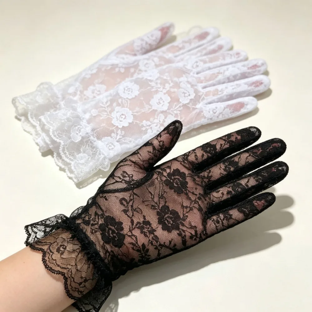 Women Summer Ruffle Fishnet Lace Full‑Finger Gloves, UV‑Resistant Mittens for Driving Outdoor Party Fashion Decor