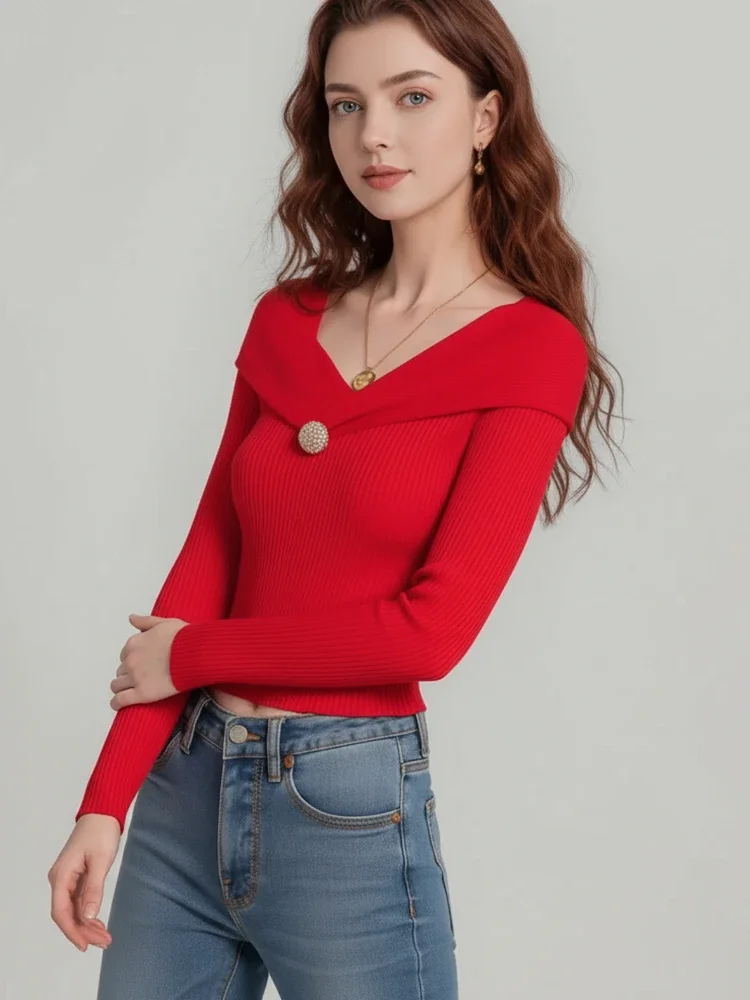 Elegant Long Sleeve Pullover V-neck Sweater Women New Fashion Knitted Slim Fit Fall Jumper Casual Solid Color Knitwear Short Top
