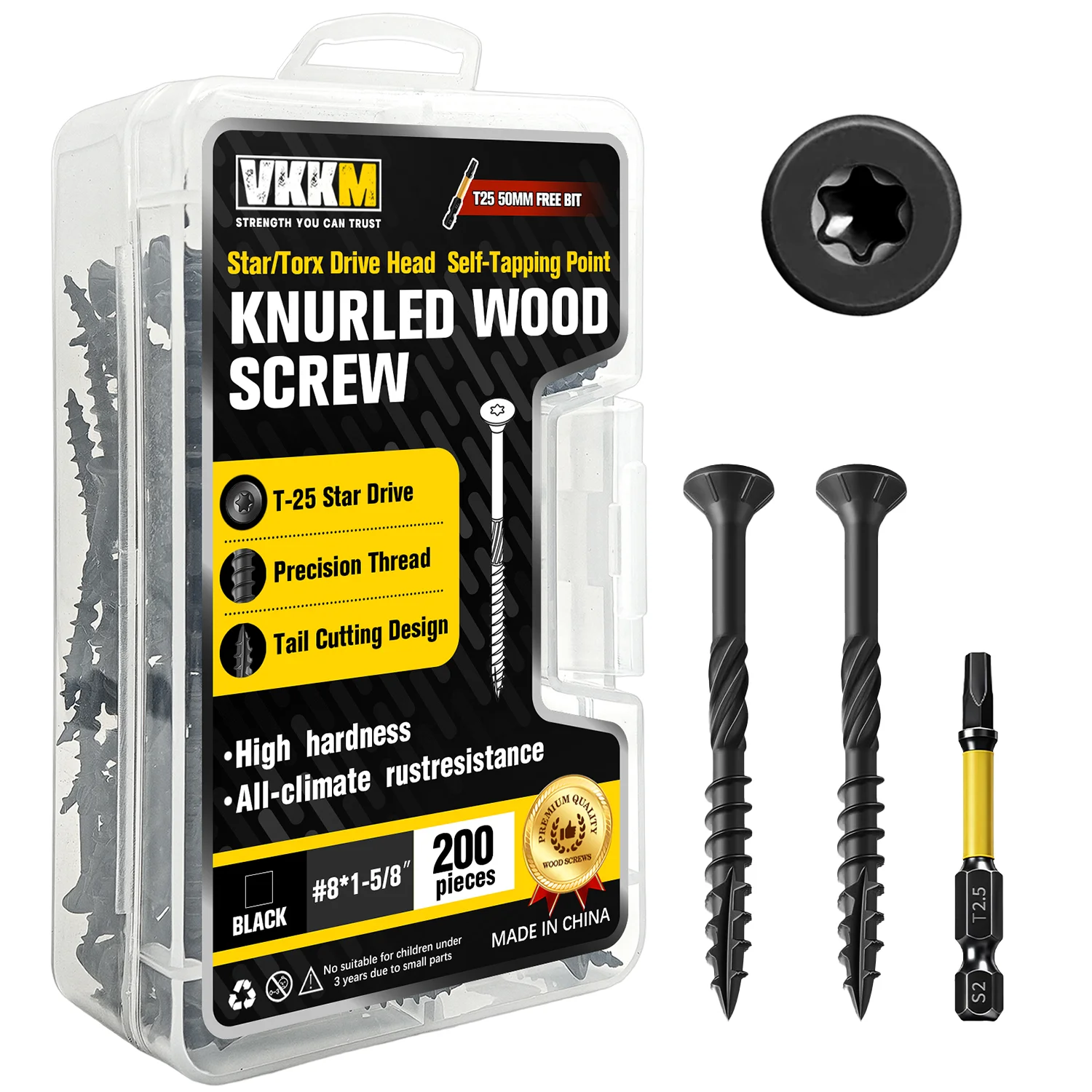 VKKM Black Knurled Wood Screws, #8 x 1‑5/8 Inch Countersunk Torx Self‑Tapping Fasteners,200 PCS with T25 Bit for Furniture,Cabin