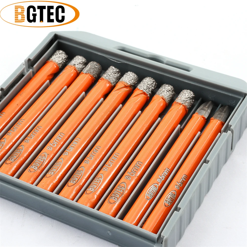 BGTEC 6mm Diamond Drill Bits Core Kit with Box 8pcs Drilling Tile Core Bits+2pcs Cross Hole Opener Ceramic Marble Round Shank