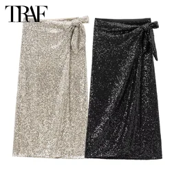 TRAF Women's Skirt Sequined Wrap Skirt Summer Autumn Women Ruffle Long Skirts  Black High Waist Dance Skirt Elegant Sexy Skirts