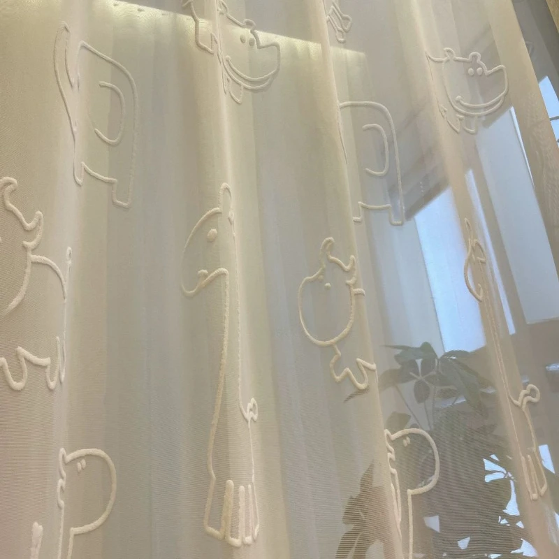 French Relief Seahorse Tulle for Children's Room Transparent Texture Flocked Window Screen Light Luxury Customizable Home Tulle