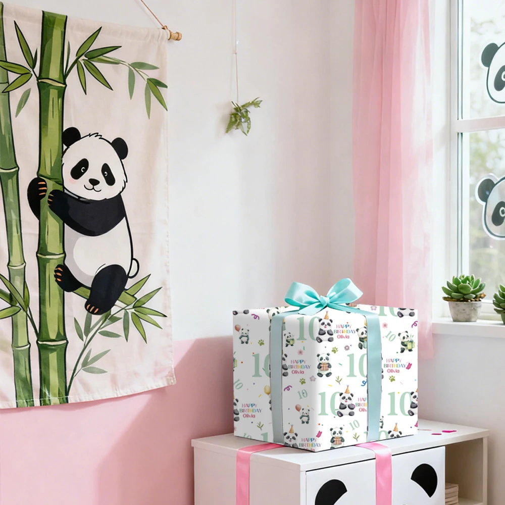 Personalisiertes Panda-Verpackungspapier mit Namen/Age, geeignet für Geschenkverpackungszubehör zum 10. Geburtstag, Geschenkdekoration mit Panda-Motiv