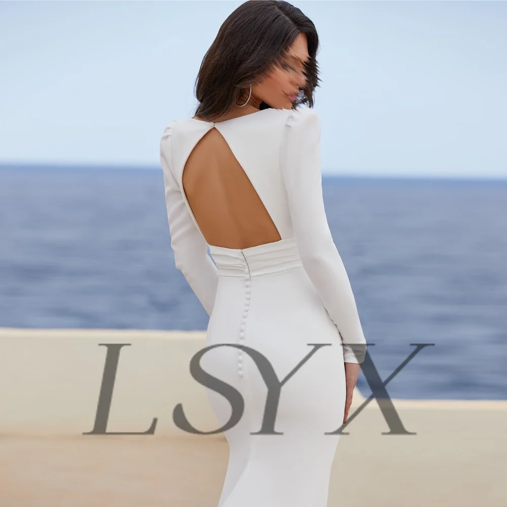 Lsyx personalizado simples decote em v profundo mangas compridas puff crepe sereia vestidos de casamento cortar aberto volta tribunal trem vestido de noiva