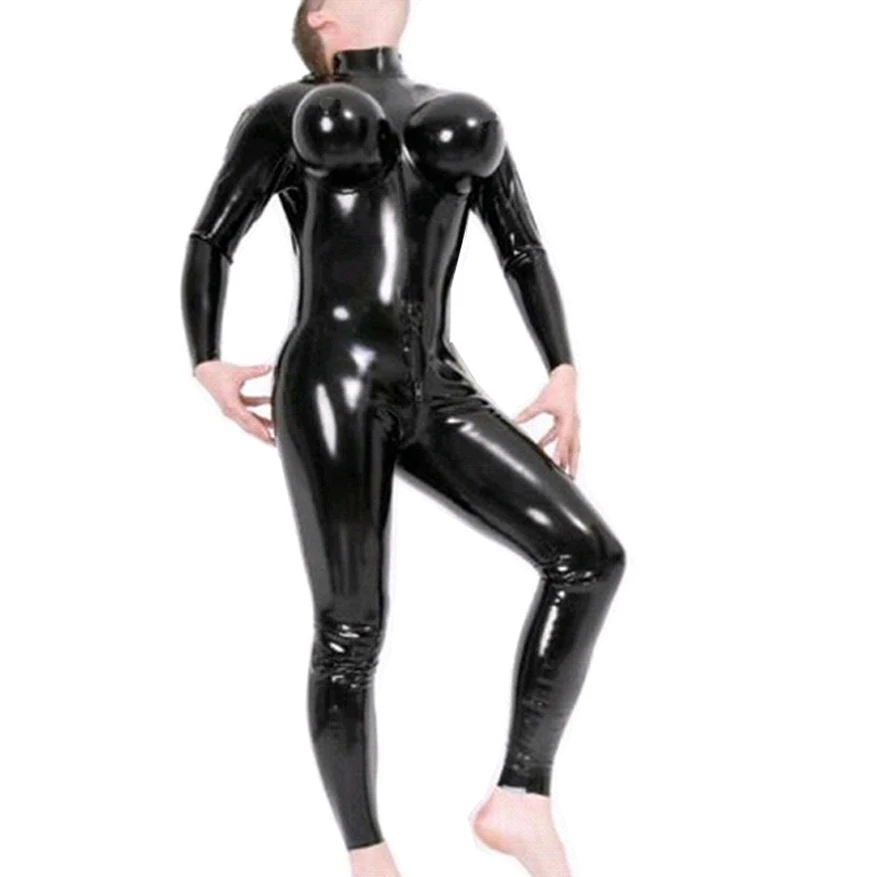 Latex Men Bodysuit Rubber Catsuit Ropa Sexy Hombre with Inflatable Breast Zentai Handmade Customes Jumpsuit S-LCM047