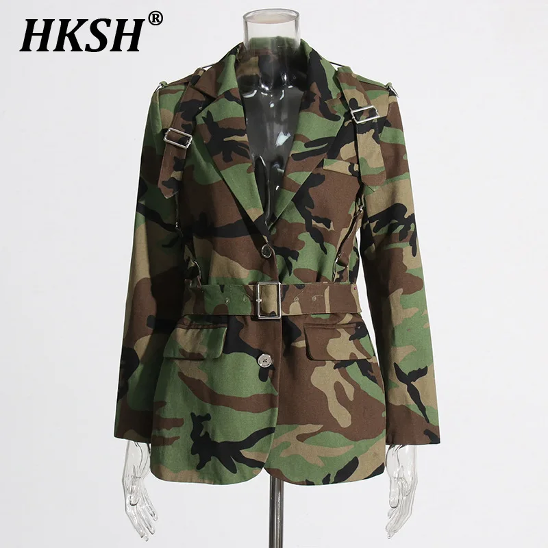 HKSH Fashion Personalized Camouflage Blazer 2025 Spring New Stylish Women Niche High-end Printed Lace Up Waist Slim Tops HK3786