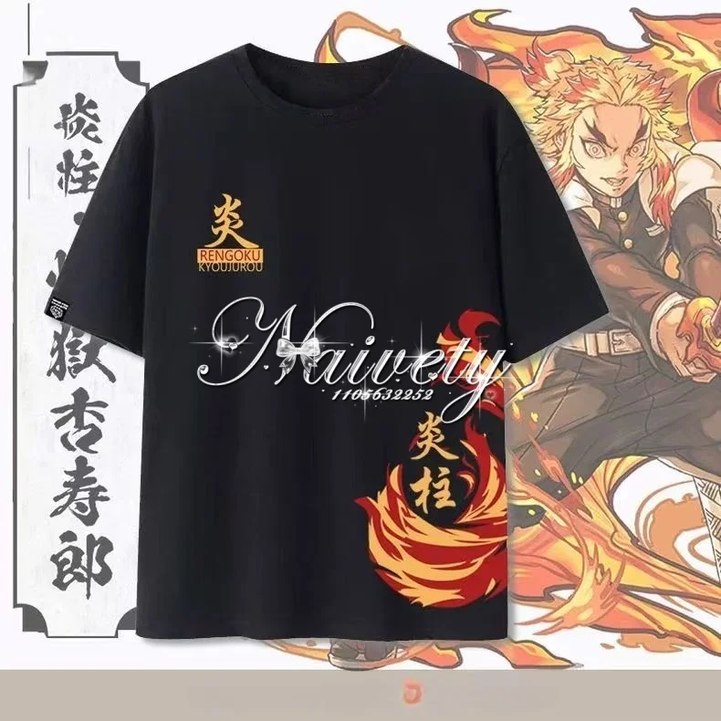 Camiseta de algodón con estampado de Demon Slayer Rengoku Flame Hashira, estilo informal, holgada y transpirable, para adultos y niños, estilo anime Y2K, verano 2026