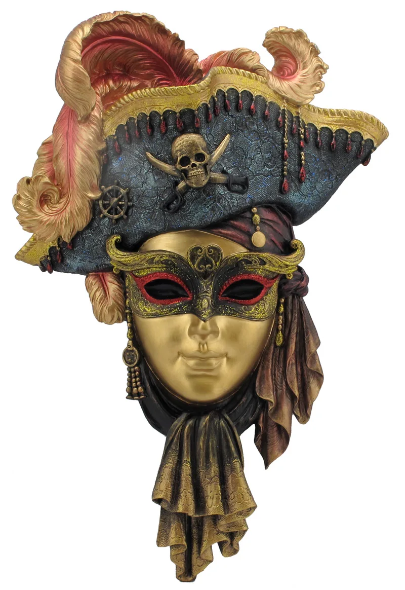 Venetian Pirate Carnival Mask Wall Decor Antique Skull Feather Mask Figurine Vintage Masquerade Face Wall Hanging Art Ornament