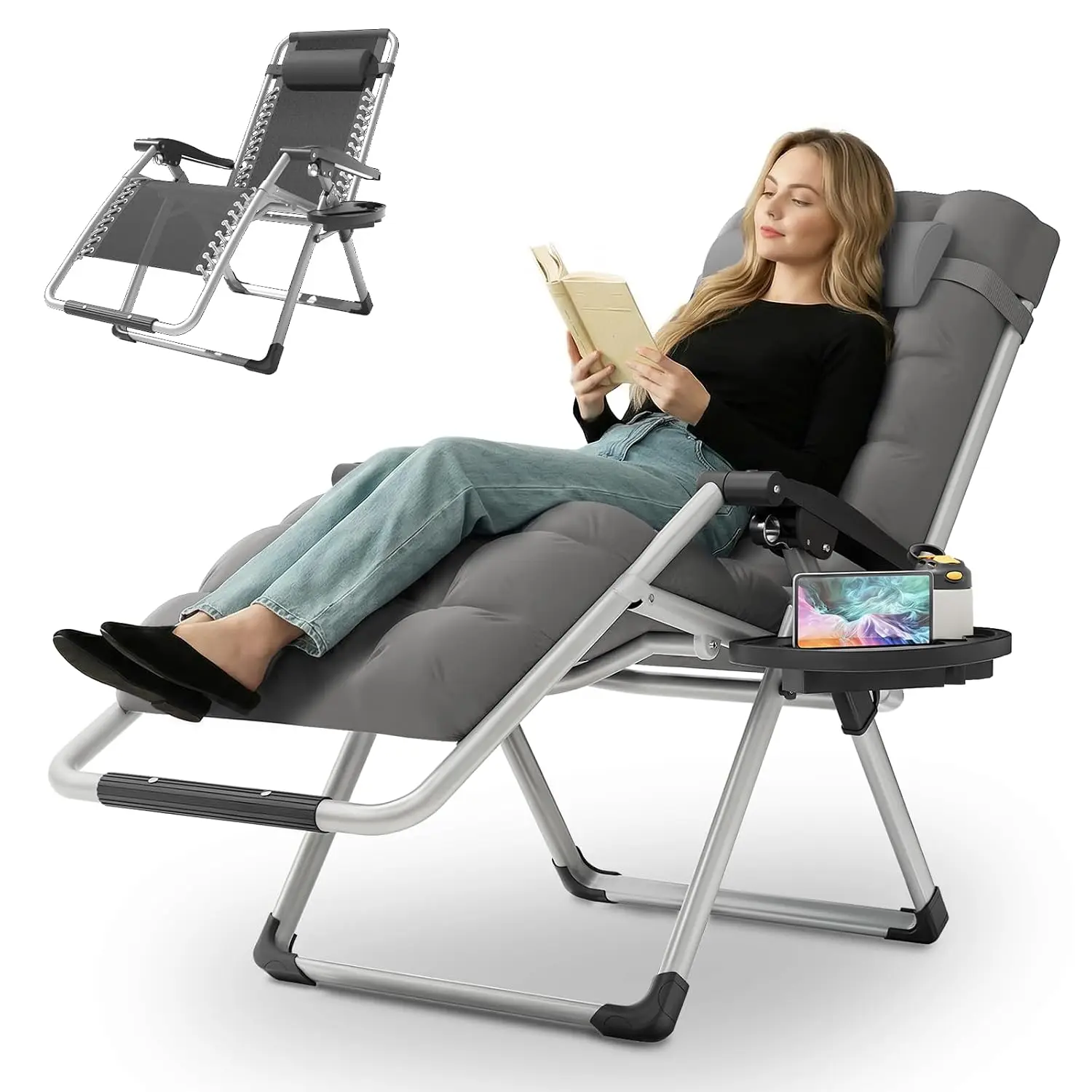 Outdoor Folding Chaise Lounge Chair, 330lbs Weight Capacity, Patio Pool Beach Recliner, Grey, Customized