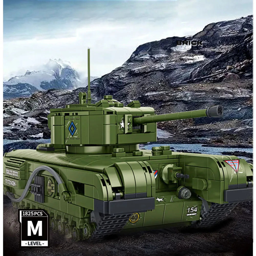

World War Military Radio 2.4Ghz Remote Control Vehicle Churchill infantry Tank Technical Build Block WW2 Army Bricks RC Toys