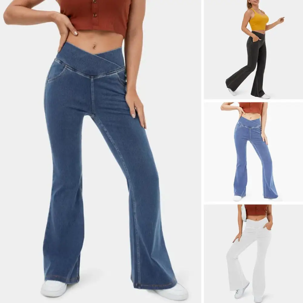 Mid Waisted Stretch Flare Jeans Women Denim Pants Wide Leg Butt-lifted Casual Korean Style Skinny Bell Bottom Pocket Trousers