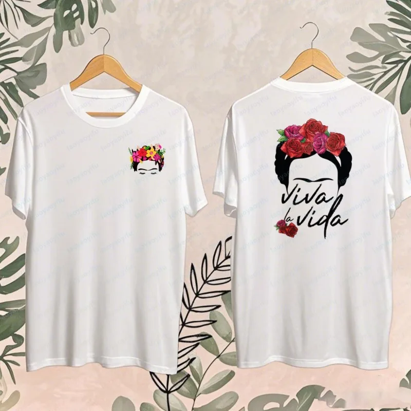 Camiseta Gráfica Vintage Frida Kahlo com Estampa de Flores e Cactos, Unissex, Gola Redonda, Casual, Manga Curta, Tops de Algodão, Moda Artística, Streetwear