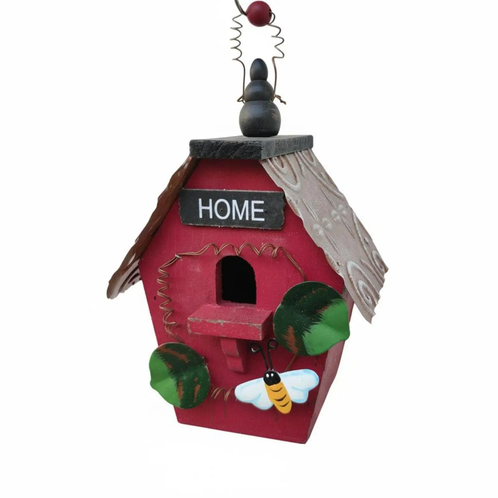 Hanging Wooden Birdhouse for Garden Patio Outdoor Decor Handcrafted Solid Wood Bird House with Iron Vine Accents