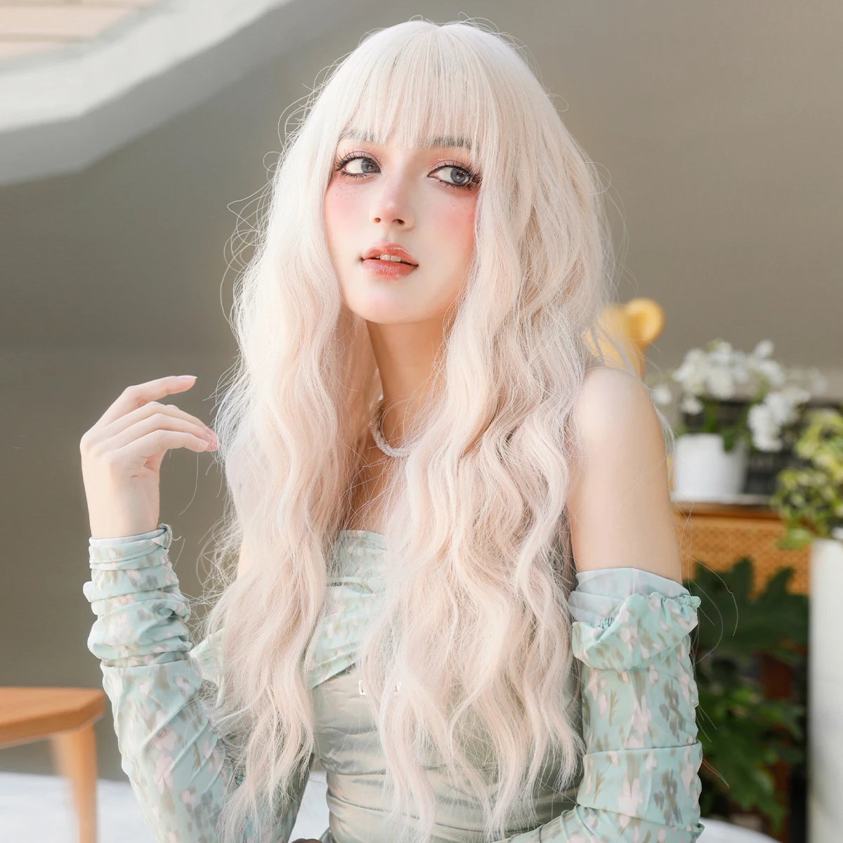 7JHH WIGS Long Wavy White Pink Wig for Women Daily Party Synthetic Light Blonde Wigs with Bangs Costume Lolita Wig 26 Inch